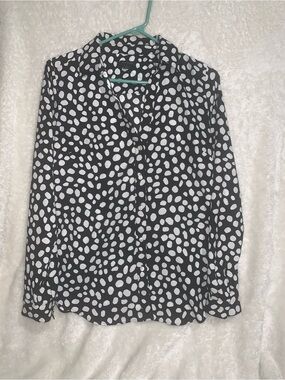 Ann Taylor Black Button-Down Blouse with White Spot Print